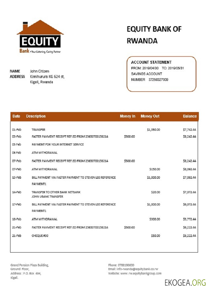 Modèle de relevé bancaire de preuve d'adresse de la Rwanda Equity Bank of Rwanda au format Word et PDF